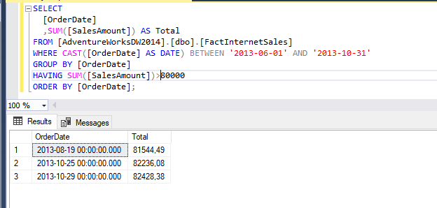 example of use where and having in SQL script