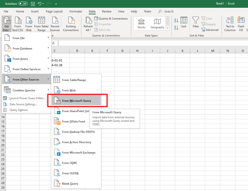 microsoft query (data ribbon) - how to execude procedure in excel