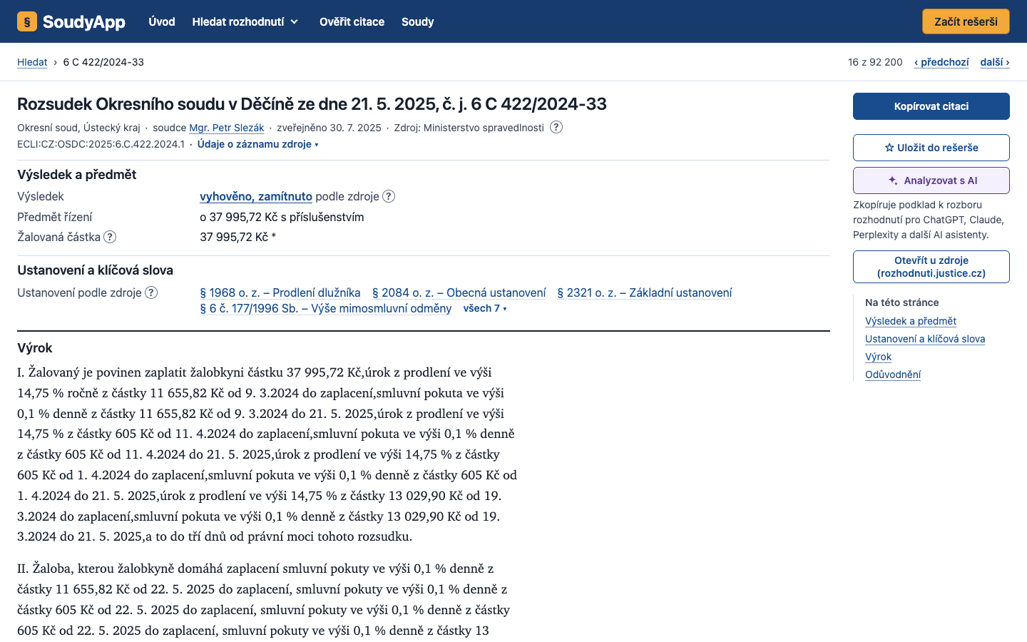 Soudní rozhodnutí v SoudyApp s tlačítkem Analyzovat s AI